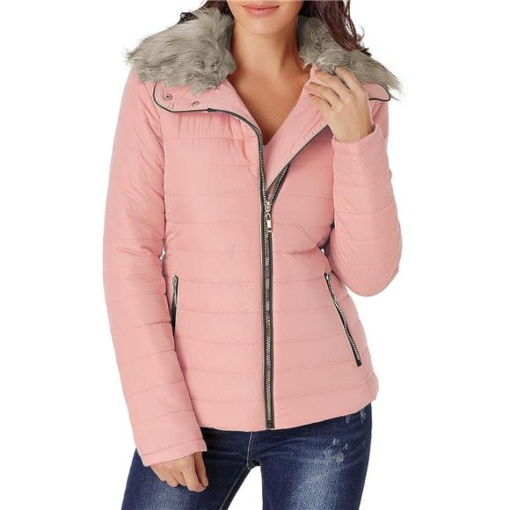 Womens Fashion Zip Up Quilted Jacket Coat Pink